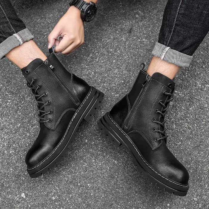 Bottes de moto en cuir véritable pour hommes, chaussures à lacets, fermeture éclair, haut, couple, a