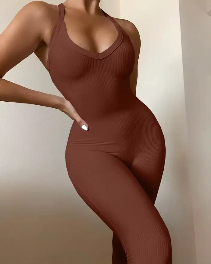 Combinaisons Aleavage sexy pour femmes, vêtements de sport décontractés, col en V en fibre, dos croi