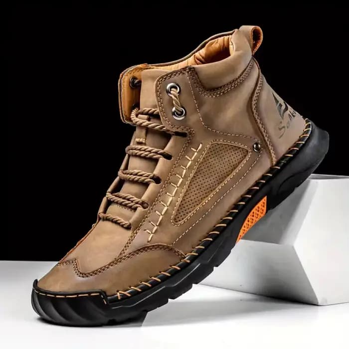 Bottes en cuir faites à la main pour hommes, baskets montantes en cuir tendance pour hommes, bottes décontractées d'extérieur à lacets marron plates