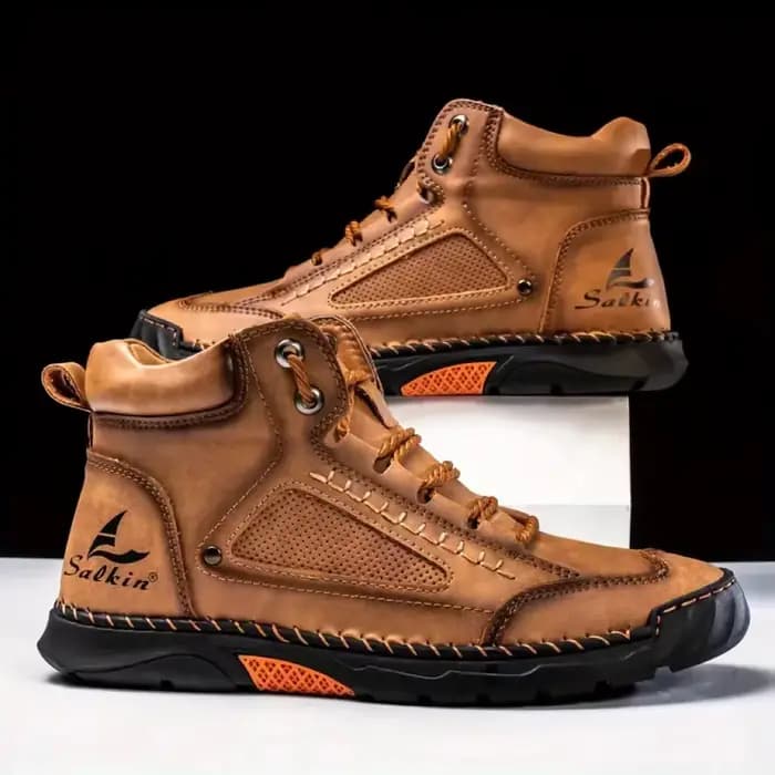Bottes en cuir faites à la main pour hommes, baskets montantes en cuir tendance pour hommes, bottes décontractées d'extérieur à lacets marron plates