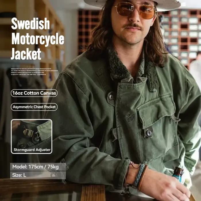 Maden rétro 16oz toile suédois moto vert veste poche Bomber