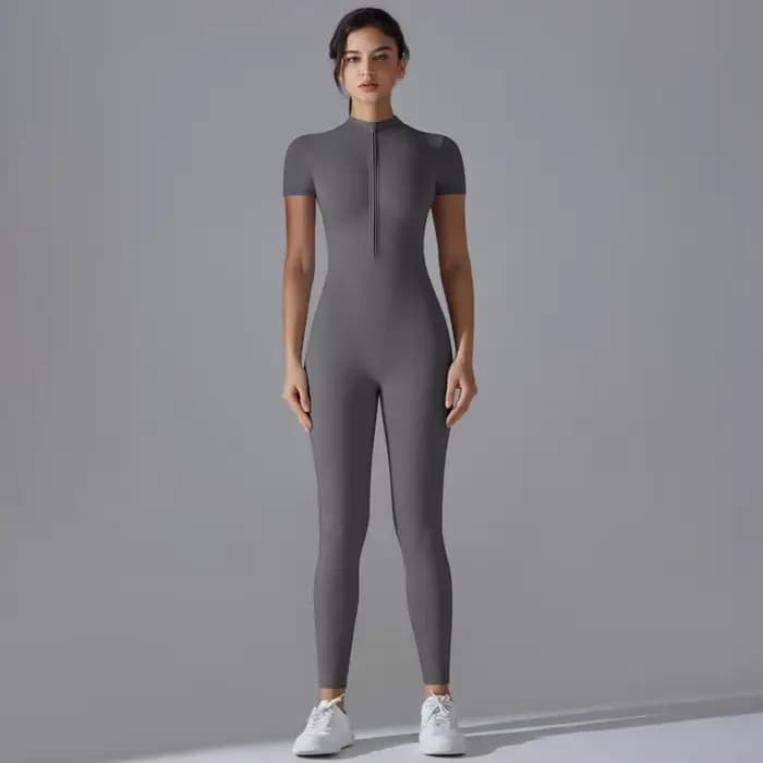 Combinaisons de Yoga à manches courtes pour femmes, coupe cintrée, extensible, une pièce, barboteuse Sexy, Fitness, vêtements de sport de base, fermeture éclair noire pour dames