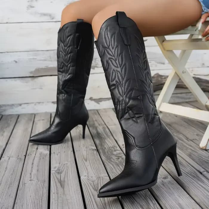 Bottes à talons hauts brodées à bout pointu pour femmes, bottes en cuir mi-mollet, style créateur, à enfiler, bottes longues d'hiver