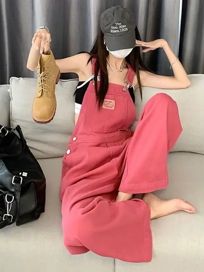 Pink Jumpsuits Women Loose Y2k Young Simple High Street Summer Leisure Vintage Washed Denim Popular Trousers Harajuku Hip Hop