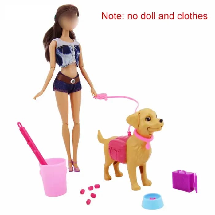 1 ensemble d'accessoires pour maison de poupée 1:6 : Mini chien en plastique + équipement pour animaux de compagnie, combinaison extérieure pour ensemble de poupées