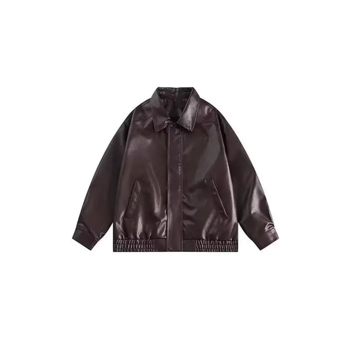 Veste en cuir marron rétro unisexe lâche style moto printemps automne manteau