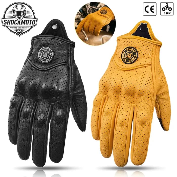 Gants Moto en Cuir de Chèvre Véritable Homme Femme | Écran Tactile Antidérapant Protection Articulations | Style Rétro Motard M-XXL Printemps Été