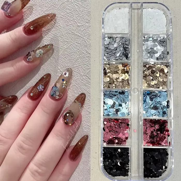 1 pièce d'accessoires pour nail art à 12 compartiments, à pois et pailletés, style Instagram ; accessoires pour nail art rétro à fleurs et paillettes.