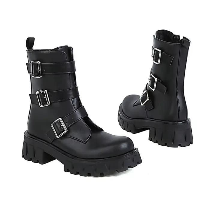 Bottines en cuir PU verni noir violet gothique pour filles occidentales, chaussures Cool d'hiver avec sangle multi-boucles, bottines à plateforme de styliste pour femmes