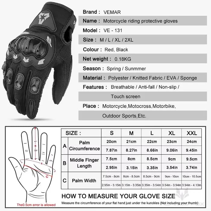 Gants de moto d'été hommes femmes doigt complet écran tactile