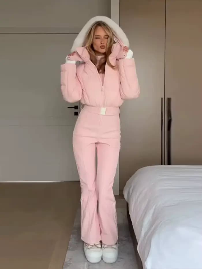 Combinaison en Patchwork de fourrure épaisse rose pour femme, Slim, manches longues, capuche, fermeture éclair, taille haute, vêtements de ski, mode hiver, barboteuse chaude pour dame