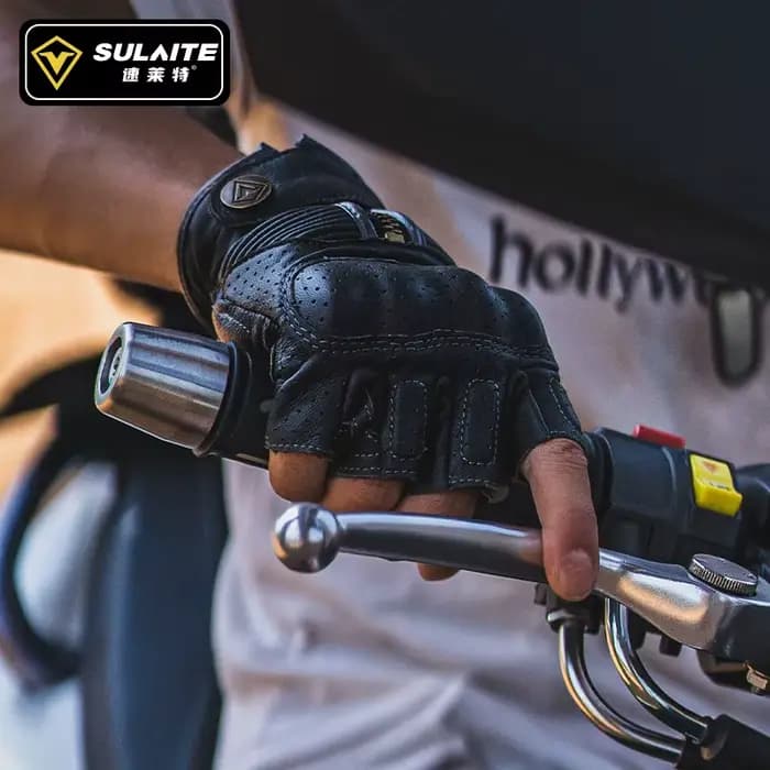 Sulaite Vintage peau de chèvre en cuir demi doigt gants de Moto rétro noir gris sans doigts