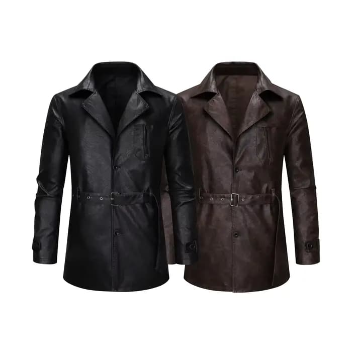 Cool à la mode mi à longue longueur veste en cuir hommes coupe ajustée Double boutonnage