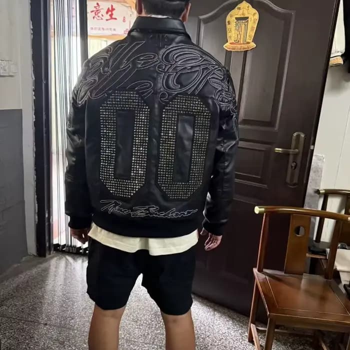 Blouson de moto en cuir PU avec broderie de diamants