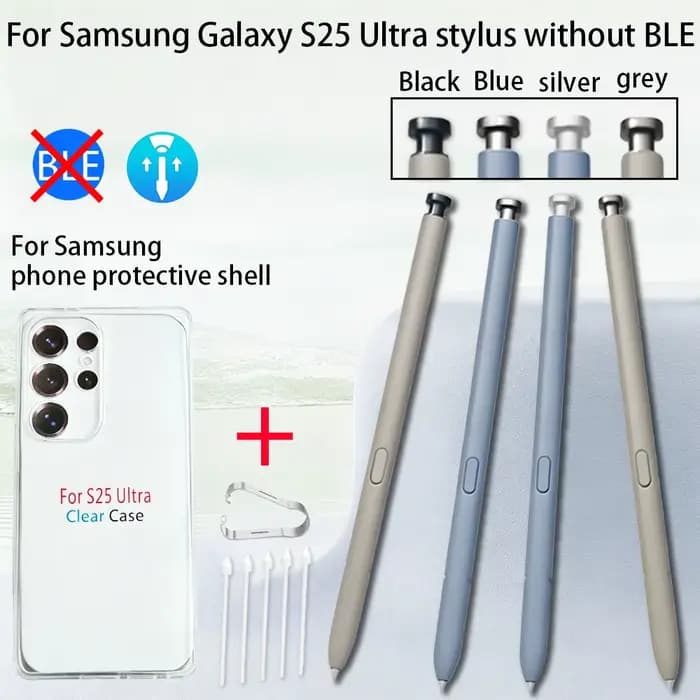 Kit d'accessoires 3 pièces pour Samsung Galaxy S25 Ultra : Stylet S Pen EJ-PS938 (non-BLE) + Embouts supplémentaires + Coque de téléphone en TPU souple transparente