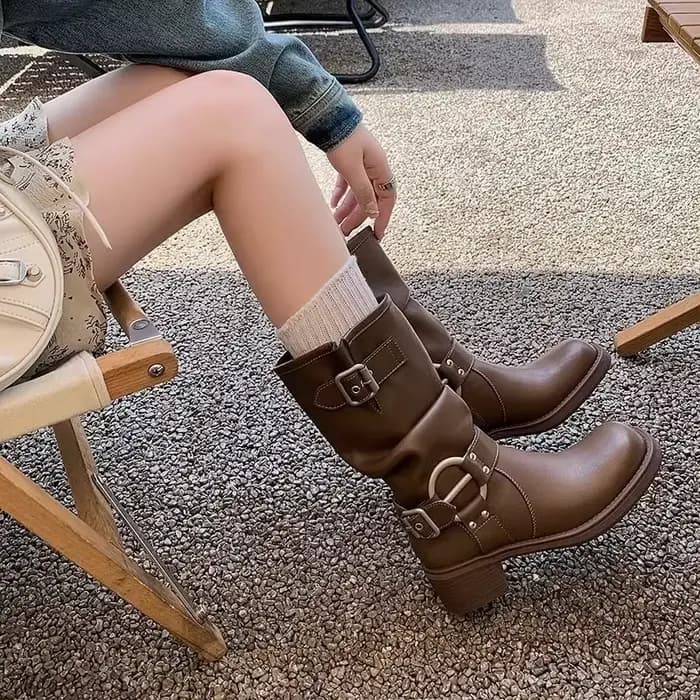 Bottes de moto rondes en cuir PU pour femmes