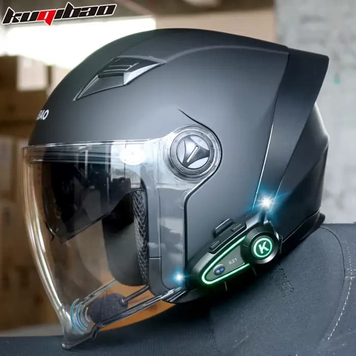 Kuqibao Casque de moto Interphone Bluetooth Demi-casque Chevalier électrique pour hommes et femmes Double miroir universel en toutes saisons