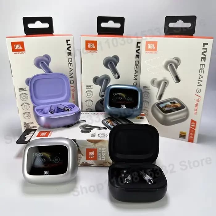 Écouteurs sans fil Bluetooth JBL Live Beam 3 d'origine avec boîte d'affichage LED intelligente, écouteurs à réduction de bruit, Beam3