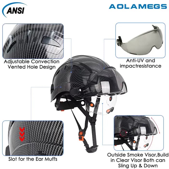 Casque de sécurité à motif en fibre de carbone avec visière et lunettes intégrées