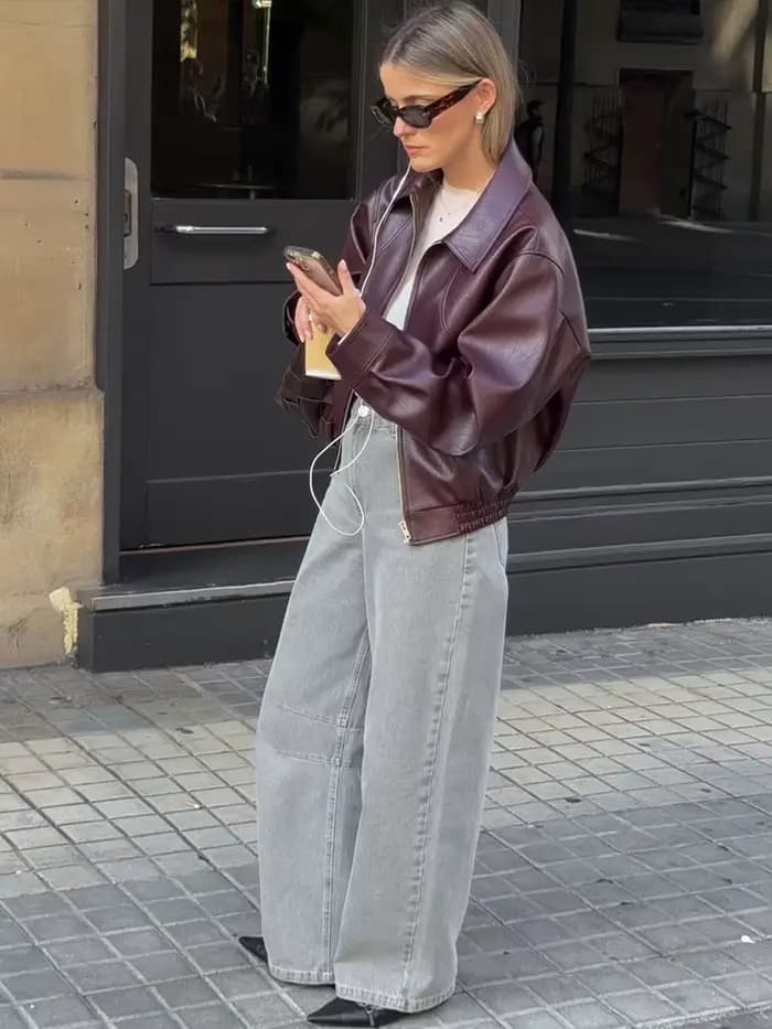Nibber Zipper Veste Femme Faux Cuir Automne Tendance Revers Plein Manches Hottie High Street Mode Polyvalent Style Basique Manteaux