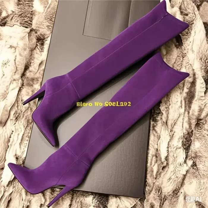 Bottes en cuir rose à talon fin et haut, sexy, à bout pointu, avec fermeture éclair, pour femme, hiver, cuissardes, couleur unie
