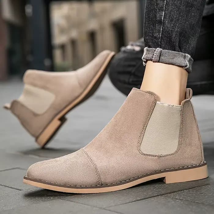 Bottes Chelsea grises en daim pour hommes, chaussures à bout pointu, confortables, à enfiler, pas chères, Zapatos Hombre Casual