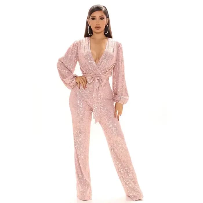 Nouvelle mode paillettes combinaison pour femmes à manches longues col en V drapé automne hiver barboteuses célébrité soirée Club ensemble