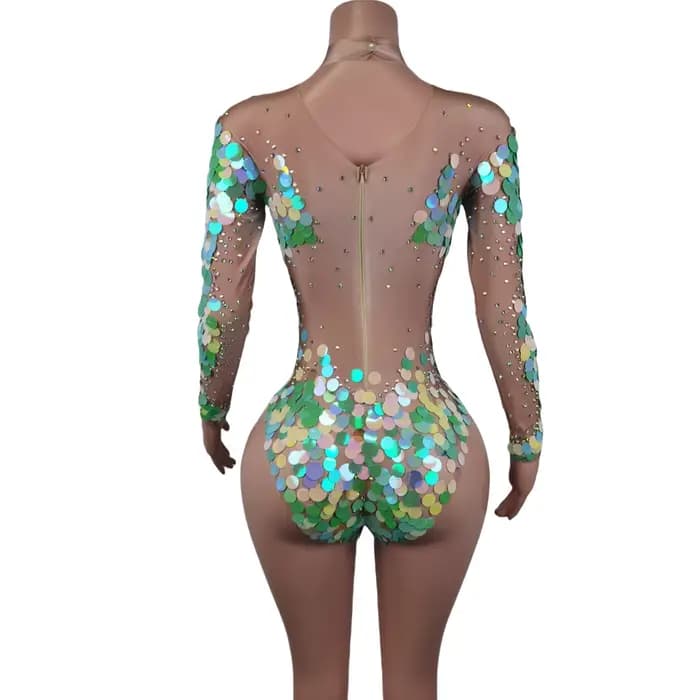 Sequin Jumpsuit Ladies Jazz Dance Show Clothing Party Sexy Rompers Women Party Mesh Rhinestone Bodycon Jumpsuits