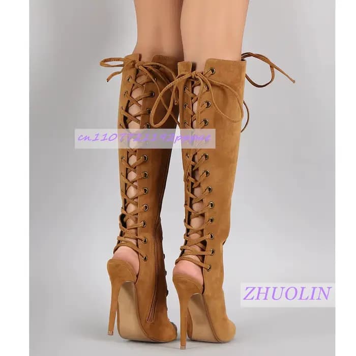 Bottes d'été en daim marron pour femmes, bout ouvert, talons aiguilles, sandales à bretelles croisées, bottes Sexy avec fermeture éclair latérale, 46