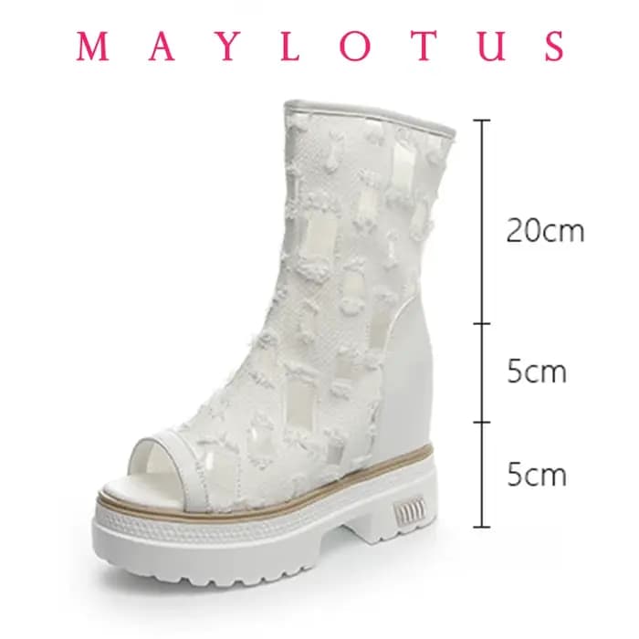 Augmenter 10cm Air Mesh mi-mollet bottes talons épais moto plate-forme compensée respirant Peep orteil été creux femmes botte chaussures