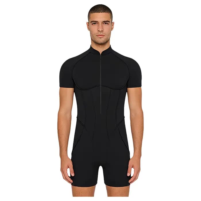 Short pour hommes bas justaucorps combinaison barboteuses body maillot de bain col montant fermeture éclair avant manches courtes musculation combinaison maillots de bain