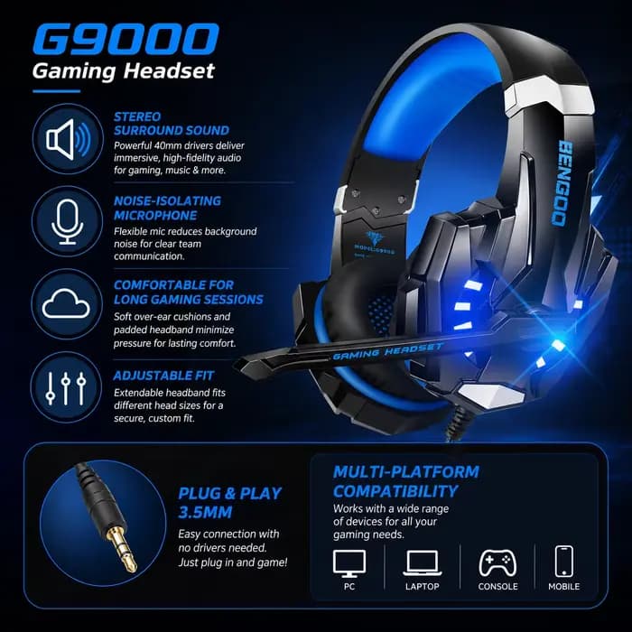 Casque de jeu filaire G9000 avec micro, casque stéréo supra-auriculaire à LED bleue pour PC PS4 PS5 Xbox Switch Ordinateur portable Mobile