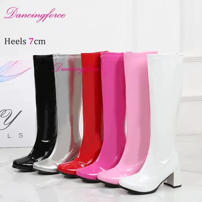 Bottes hautes vernies rouge, blanc et rose, style Go-Go années 60-70, pour femme, à talons carrés, chaussures de soirée GoGo, bout carré