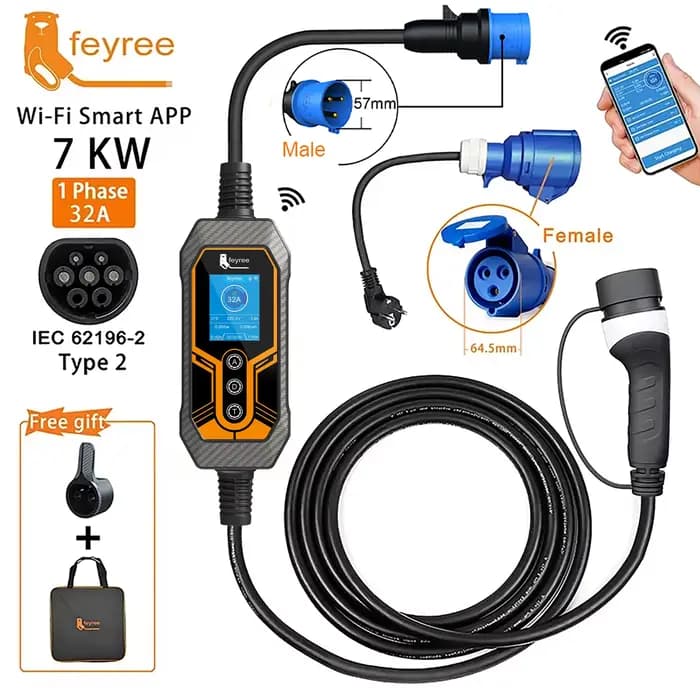 Feyree chargeur EV Portable Type2 32A 7KW EVSE Wi-Fi APP contrôle courant réglable synchronisation intelligente charge pour usage domestique et extérieur