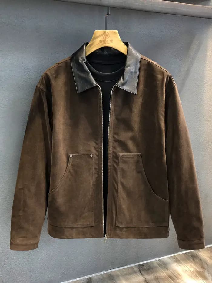 Veste en cuir de moto Amekaji en daim rétro marron foncé avec revers