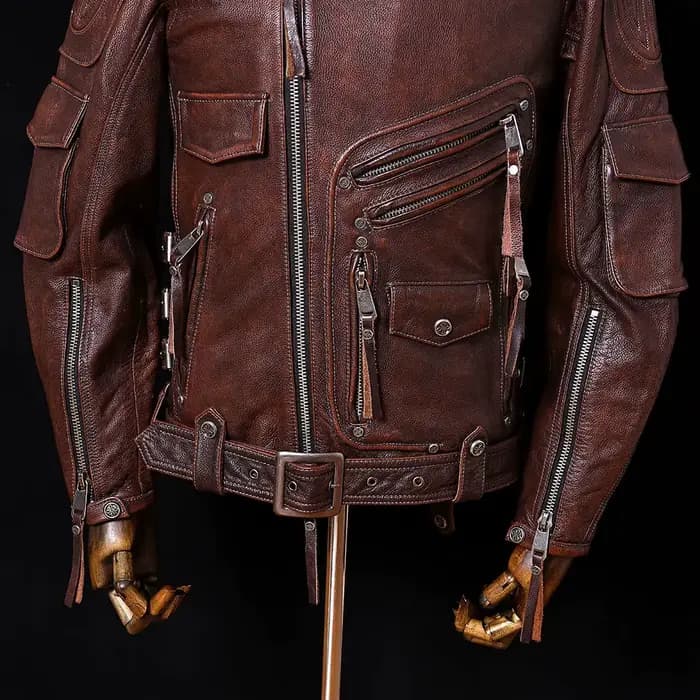 Veste en cuir de moto marron rouge pour hommes