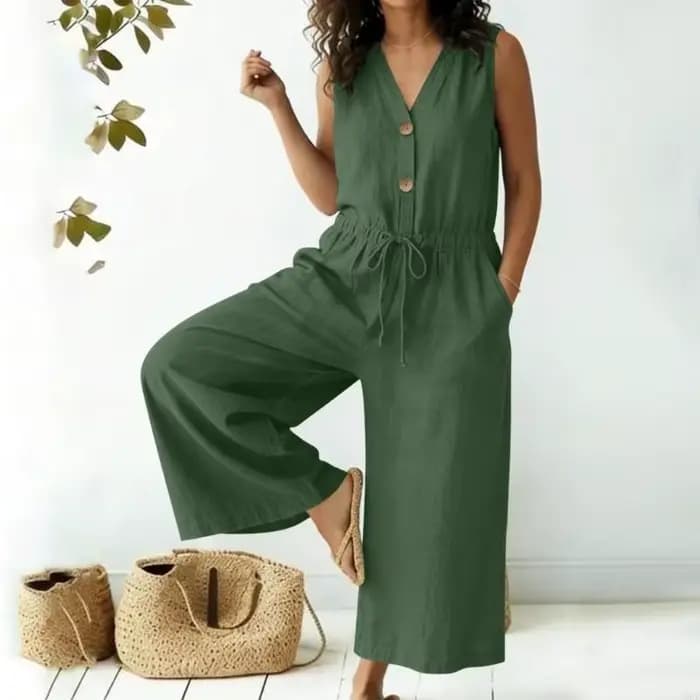Barboteuse en lin pour femmes, col en V, boutonnée, en coton lin, combinaison sans manches, coupe ample, jambes larges, avec