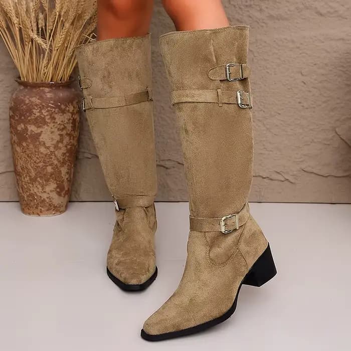 Bottes hautes en faux daim tendance pour femme, collection automne 2026, à bout pointu et talon épais, style western et cowboy