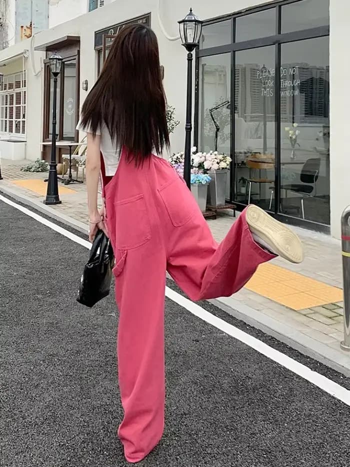 Pink Jumpsuits Women Loose Y2k Young Simple High Street Summer Leisure Vintage Washed Denim Popular Trousers Harajuku Hip Hop