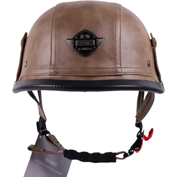 Casque de moto rétro demi-coque ouvert en cuir de 128 mm fabriqué allemand avec visière ouverte certifiée DOT