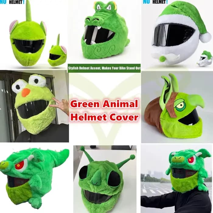 Housse de casque intégral de moto en peluche verte motif animal de dessin animé
