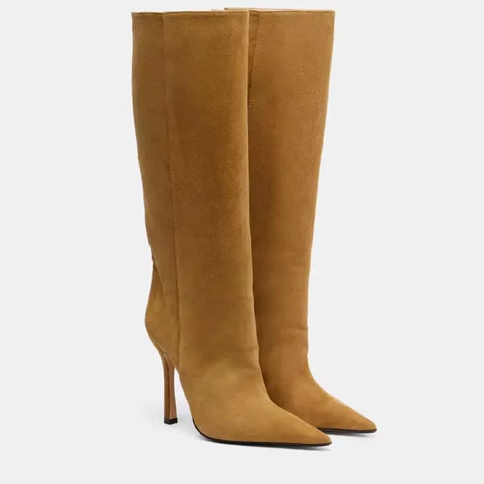 Bottes hautes en daim pour femmes, bottes à talon aiguille pointues et à tige large, 5 couleurs : noir/marron/rouge/gris/camel, bottes hautes pour soirée d'hiver