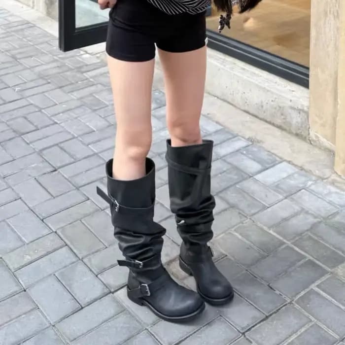Bottes de cowboy vintage grises Y2K pour femme, avec boucle de ceinture, fronces, talon carré, noires, montantes au-dessus du genou, style motard