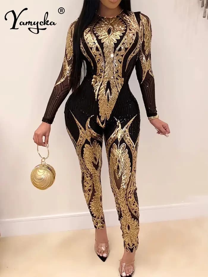 Combinaison moulante sexy à manches longues et sequins pour femme, tenue une pièce pour soirée d'anniversaire ou boîte de nuit, combinaison-pantalon pour femme