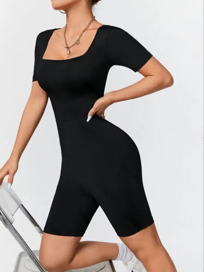 Combinaison pour femmes, adaptée à toutes les saisons, coupe cintrée, tricot Simple, haute élasticité, col carré, manches courtes, haut et Short