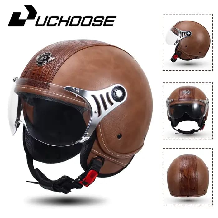 Casque ouvert en cuir Vintage pour moto