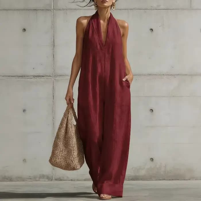 Combinaison décontractée d'été pour femmes, coupe ample, à jambes larges, col halter, sans manches, col en V, couleur unie, pour les vacances et le quotidien