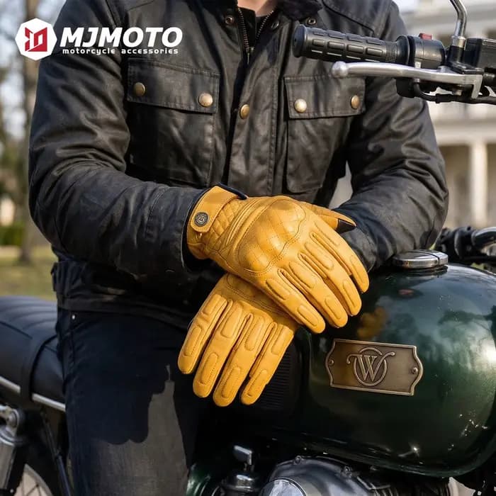 Gants Moto Rétro Jaunes en Cuir Tactiles