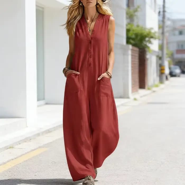 Combinaison décontractée sans manches en coton et lin avec poches pour femme, couleur unie, style chemise, pour l'automne