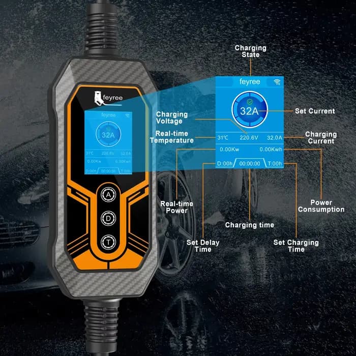 Feyree chargeur EV Portable Type2 32A 7KW EVSE Wi-Fi APP contrôle courant réglable synchronisation intelligente charge pour usage domestique et extérieur